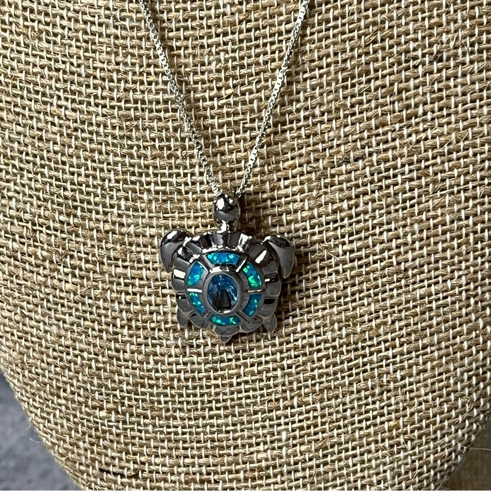 Sterling Silver Opal Sea Turtle Necklace Matching Earrings Set